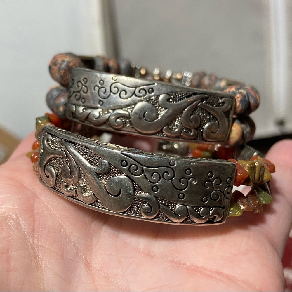 Boho Multi Strand Beaded Stretch Bracelets Ornate Silver Tone Set of 2